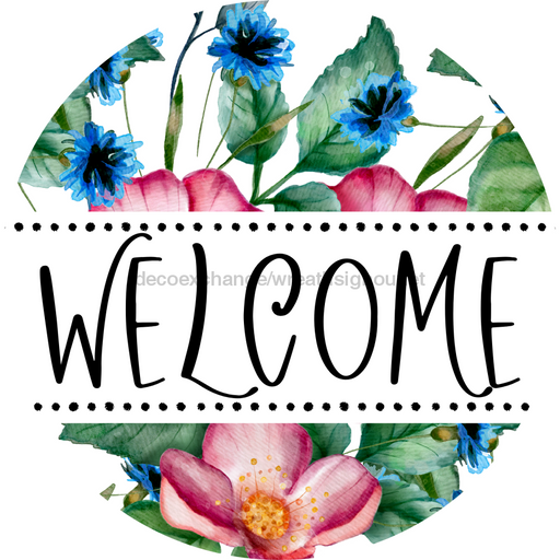 Welcome Wreath Sign, Floral Wreath, DECOE-4138, 10 vinyl Round