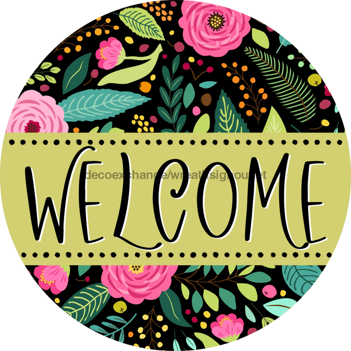 Welcome Wreath Sign, Spring Floral Wreath, DECOE-4104-B, 8 metal Round