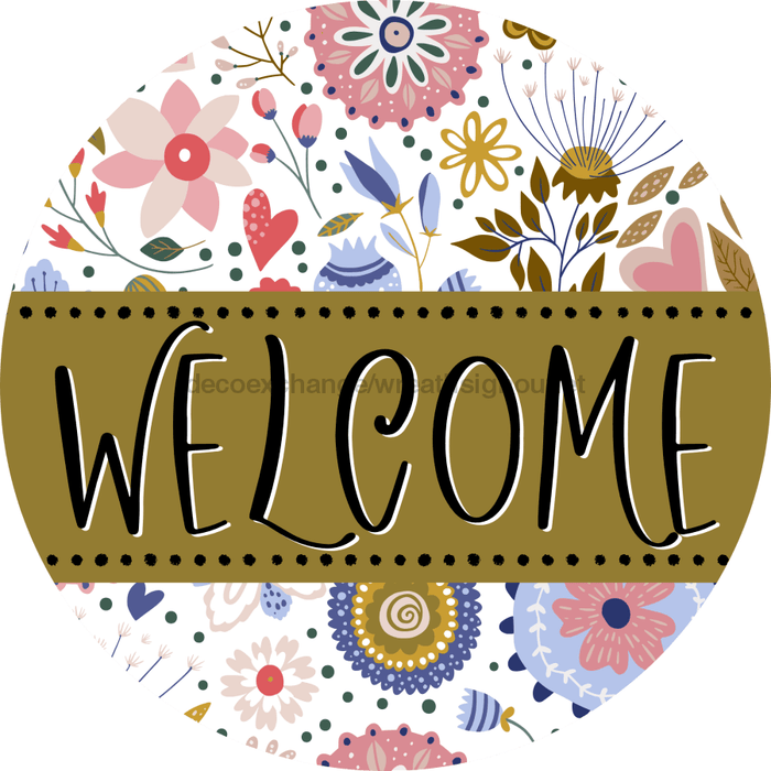 Welcome Wreath Sign, Spring Floral Wreath, DECOE-4112, 10 metal Round