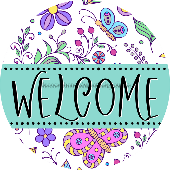 Welcome Wreath Sign, Spring Floral Wreath, DECOE-4115, 10 vinyl Round