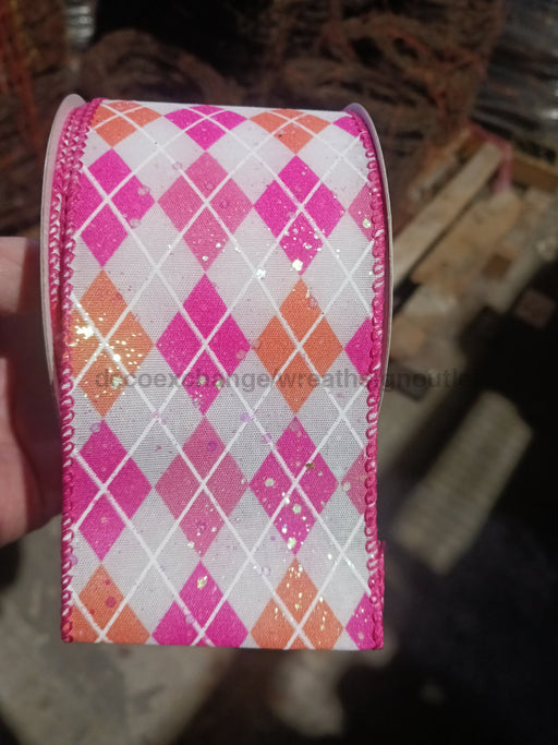 White Iridescent Glitter Satin/Pink-Fuchsia-Peach Argyle Diamonds 2.5’’X10Y 41530-40-28 Ribbon