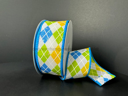 White Iridescent Glitter Satin/Turquoise-Kiwi-Yellow Argyle Diamonds 1.5’’X10Y 41530-09-39 Ribbon