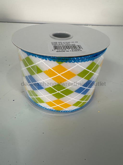 White Iridescent Glitter Satin/Turquoise-Kiwi-Yellow Argyle Diamonds 2.5’’X10Y 41530-40-39 Ribbon