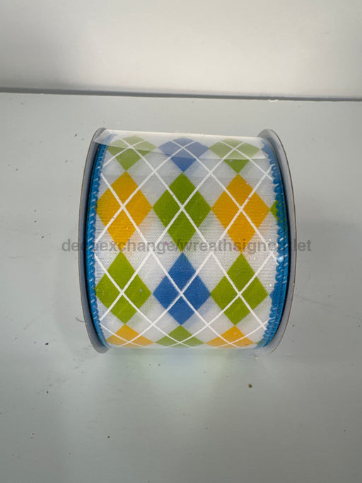 White Iridescent Glitter Satin/Turquoise-Kiwi-Yellow Argyle Diamonds 2.5’’X10Y 41530-40-39 Ribbon