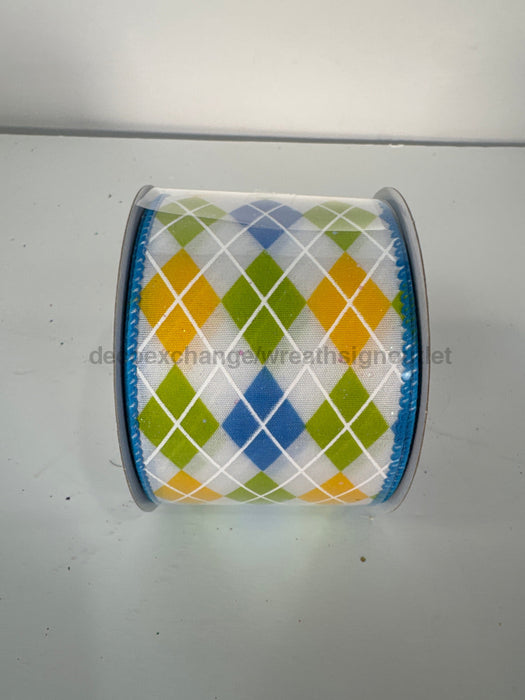White Iridescent Glitter Satin/Turquoise-Kiwi-Yellow Argyle Diamonds 2.5’’X10Y 41530-40-39 Ribbon