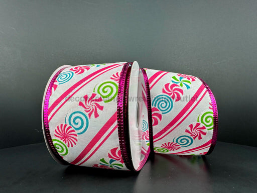 Wh Lin/Cmas Candy-Fuch-Wt Diag Strp-Fuch Mtlc Edg 2.5’’X10Y 76307-40-44 Ribbon