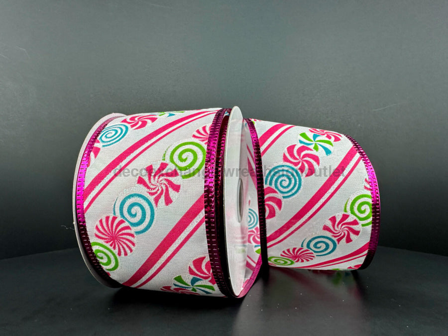 Wh Lin/Cmas Candy-Fuch-Wt Diag Strp-Fuch Mtlc Edg 2.5’’X10Y 76307-40-44 Ribbon