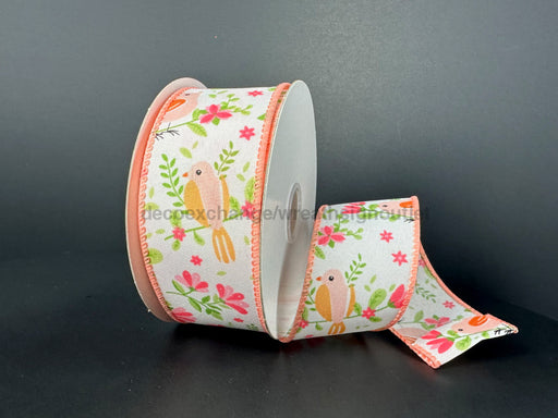 White Satin/Peach Spring Birds-Pink Flowers 1.5’’X10Y 41543-09-46 Ribbon