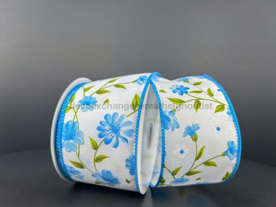 White Satin With Blue And Fluttering Flowers Ribbon 2.5 Inches X 10 Yards 42406-40-45