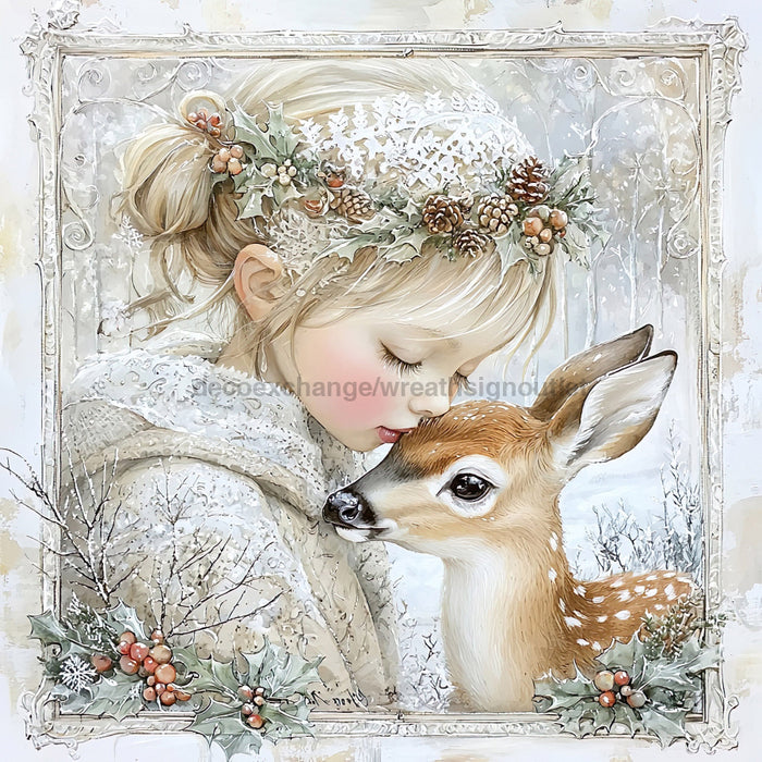 Winter Deer and Girl Sign, DCO-102305, Sign For Wreath, 10x10in Metal Sign