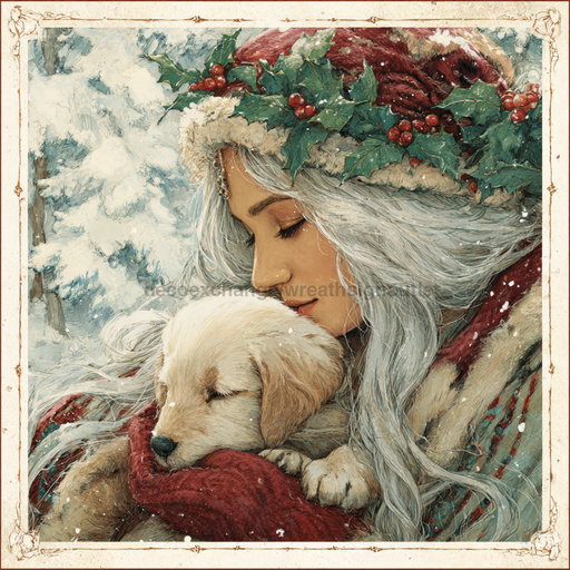 Winter Girl with Deer Sign, DCO-102498, Sign For Wreath, 10x10in Metal Sign