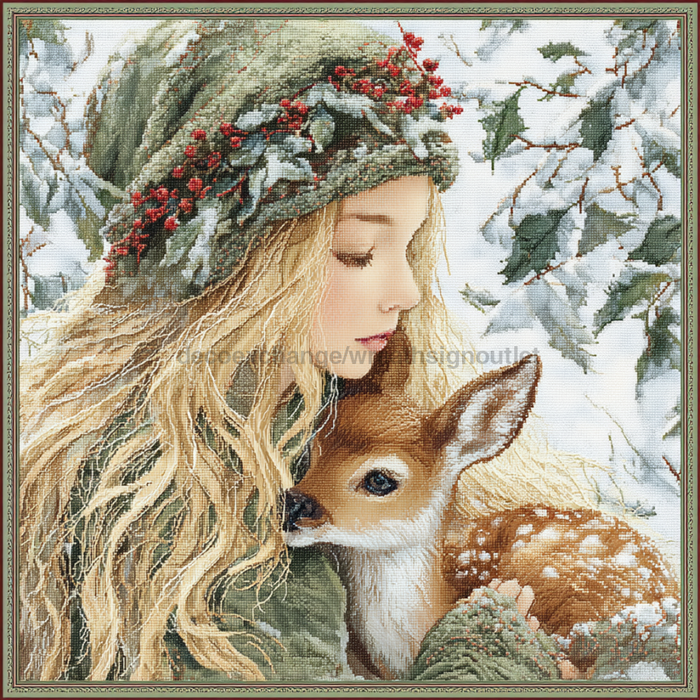 Winter Girl with Deer Sign, DCO-102503, Sign For Wreath, 10x10in Metal Sign