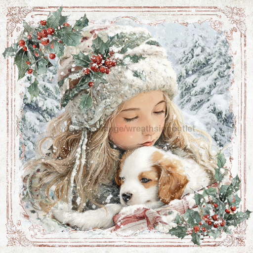 Winter Girl with Deer Sign, DCO-102504, Sign For Wreath, 10x10in Metal Sign