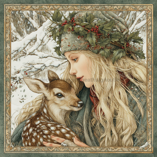 Winter Girl with Deer Sign, DCO-102518, Sign For Wreath, 10x10in Metal Sign