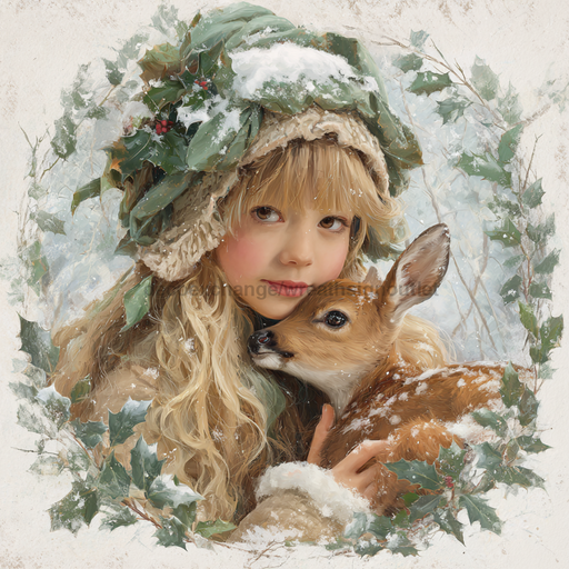 Winter Girl with Deer Sign, DCO-102526, Sign For Wreath, 10x10in Metal Sign