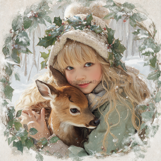Winter Girl with Deer Sign, DCO-102527, Sign For Wreath, 10x10in Metal Sign