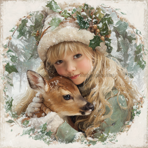 Winter Girl with Deer Sign, DCO-102529, Sign For Wreath, 10x10in Metal Sign