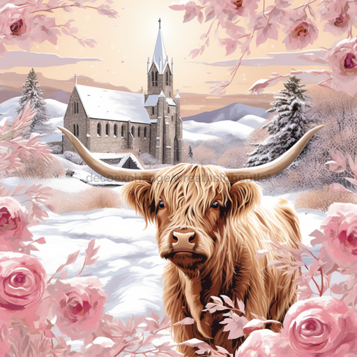 Winter Sign Highland Cow Church Pink Dco-00600 For Wreath 10X10 Metal