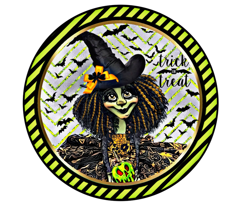 Wreath Sign, 10" Round Vinyl Decal - Halloween Witch - Green Edge - DECOE-042, DecoExchange, Sign For Wreaths - DecoExchange