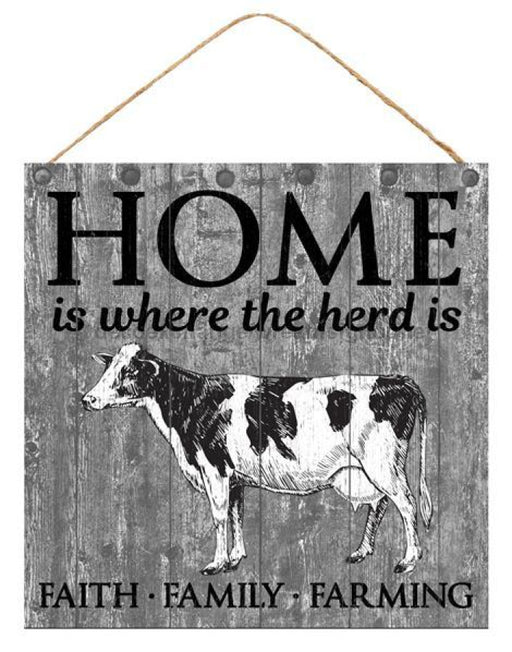 Wreath Sign, 10"Sq Home Is Where The Herd Is Sign Grey/Black/White AP8432, DecoExchange, Sign For Wreath - DecoExchange