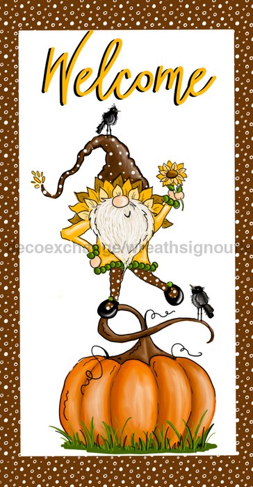 Wreath Sign, 6"x12" Welcome Pumpkin Gnome Sign - DECOE-066, DecoExchange, Sign For Wreaths - DecoExchange