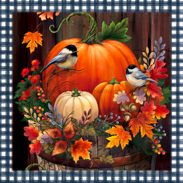 Wreath Sign, Black White Border, Finches and Pumpkins Fall Sign, 10"x10" Metal Sign DECOE-781, Sign For Wreath, DecoExchange - DecoExchange