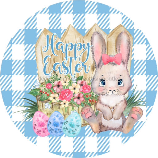 Wreath Sign, Blue Easter Sign, Plaid Bunny, 10" Round Metal Sign DECOE-456, Sign For Wreath, DecoExchange - DecoExchange