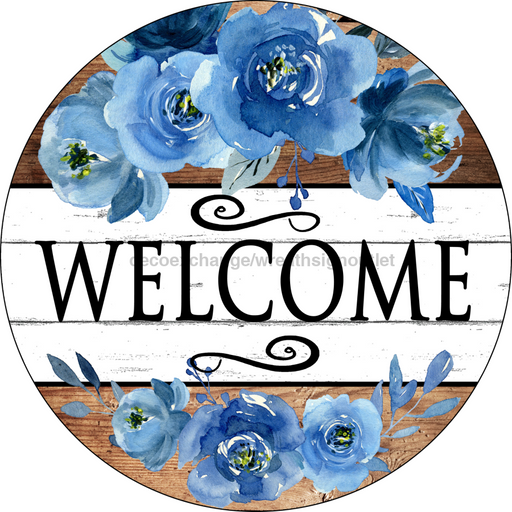 Wreath Sign, Blue Flowers Sign, Welcome Sign, Round Sign, DECOE-509, Sign For Wreath, DecoExchange - DecoExchange