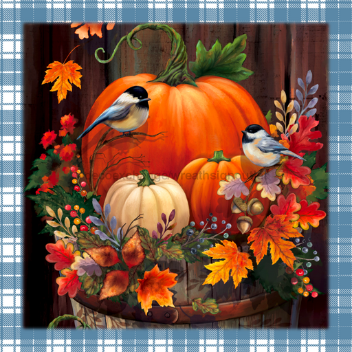 Wreath Sign, Blue White Border, Finches and Pumpkins Fall Sign, 10"x10" Metal Sign DECOE-782, Sign For Wreath, DecoExchange - DecoExchange