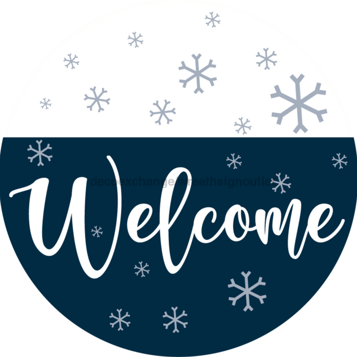 Wreath Sign, Blue Winter Welcome, Christmas Sign, 10" Round, Metal Sign, DECOE-565, DecoExchange, Sign For Wreath - DecoExchange