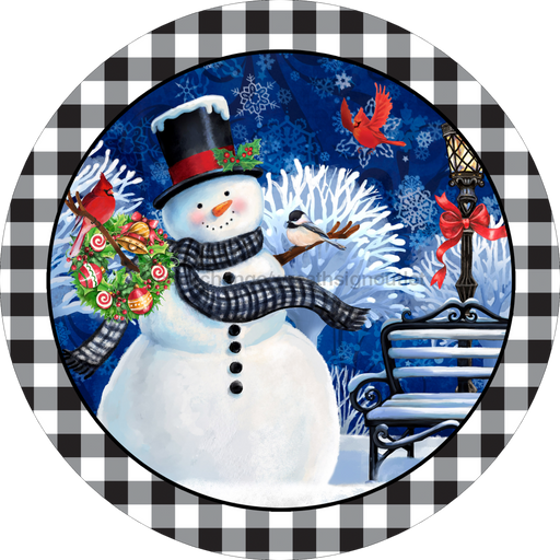 Wreath Sign, Christmas Sign, Black and White Snowman, 10" Round, Metal Sign, DECOE-124, DecoExchange, Sign For Wreath - DecoExchange