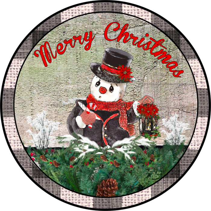 Wreath Sign, Christmas Sign, Black Edge Vintage Snowman, 10" Round Metal Sign DECOE-843, Sign For Wreath, DecoExchange - DecoExchange