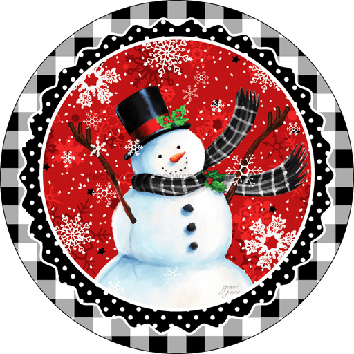 Wreath Sign, Christmas Sign, Happy Snowman, 12" Round, Metal Sign, DECOE-128, DecoExchange, Sign For Wreath - DecoExchange