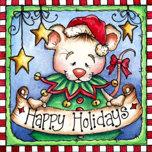 Wreath Sign, Christmas Mouse - Happy Holidays 10"x10" Metal Sign DECOE-207, Sign For Wreath, DecoExchange - DecoExchange
