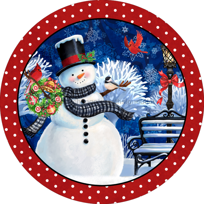 Wreath Sign, Christmas Sign, Red and White Snowman, 10" Round, Metal Sign, DECOE-125, DecoExchange, Sign For Wreath - DecoExchange