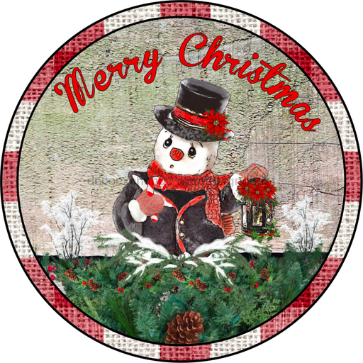 Wreath Sign, Christmas Sign, Red Edge Vintage Snowman, 10" Round Metal Sign DECOE-844, Sign For Wreath, DecoExchange - DecoExchange