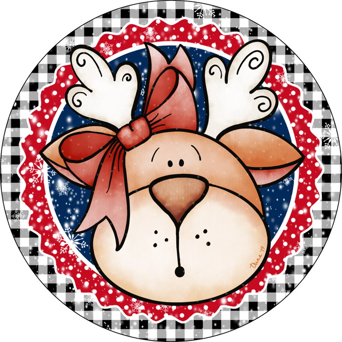 Wreath Sign, Christmas Sign, Reindeer, Red and White, 10" Round, Metal Sign, DECOE-119, DecoExchange, Sign For Wreath - DecoExchange