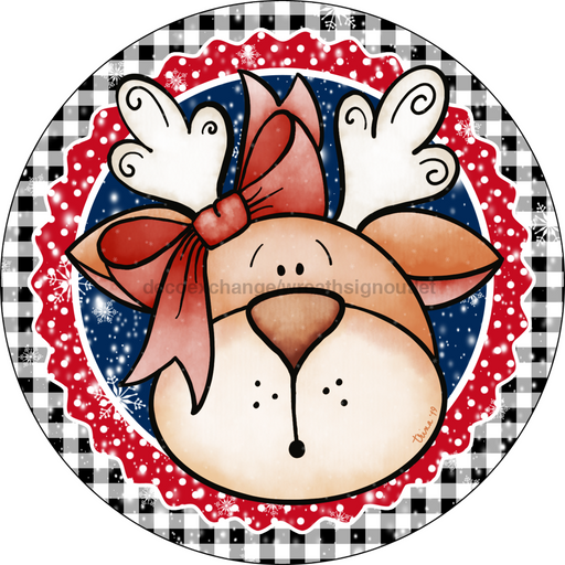 Wreath Sign, Christmas Sign, Reindeer, Red and White, 18" Wood Round,  Sign, DECOE-119, DecoExchange, Sign For Wreath