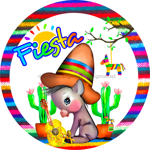 Wreath Sign, Cinco De Mayo, Fiesta, Donkey Sign, 10" Round Metal Sign DECOE-295, Sign For Wreath, DecoExchange - DecoExchange