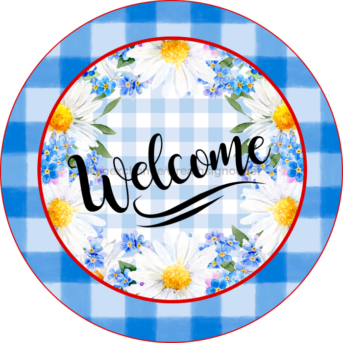 Wreath Sign, Daisy Sign, Blue Welcome Sign, 10" Round Metal Sign DECOE-822, Sign For Wreath, DecoExchange - DecoExchange