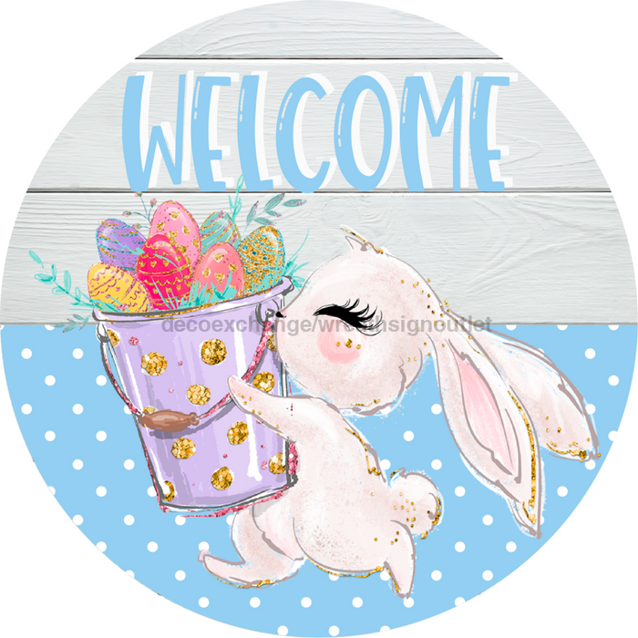 Wreath Sign, Easter Sign, Welcome Bunny Sign, 10" Round Metal Sign DECOE-400, Sign For Wreath, DecoExchange - DecoExchange