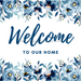 Wreath Sign, Everyday Floral Welcome Blue, 10"x10" Metal Sign DECOE-606, Sign For Wreath, DecoExchange - DecoExchange
