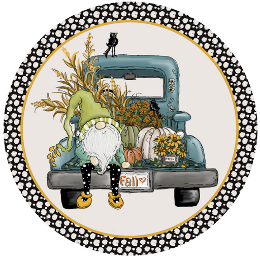Wreath Sign, Fall Gnome Back of Blue Truck 12" Round Metal Sign DECOE-067, DecoExchange, Sign For Wreaths - DecoExchange
