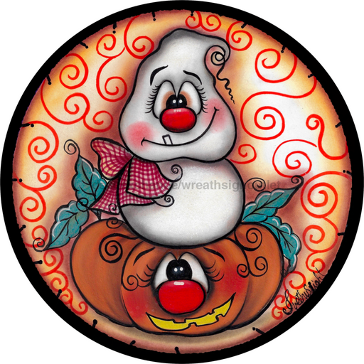 Wreath Sign, Ghost Pumpkin, 18" Wood Round,  Sign, DECOE-100, DecoExchange, Sign For Wreath