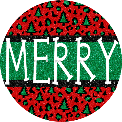 Wreath Sign, Green Leopard Trees, Merry Christmas Sign, 10" Round, Metal Sign, DECOE-560, DecoExchange, Sign For Wreath - DecoExchange