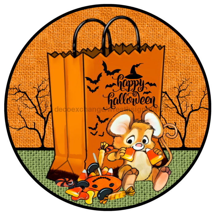 Wreath Sign, Halloween Candy Corn Mouse 12" Round Metal Sign DECOE-175, Sign For Wreath, DecoExchange - DecoExchange