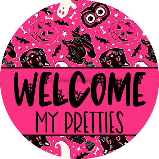 Wreath Sign Halloween Door Hanger Pink Welcome Decoe-2374 For Round 18 Wood
