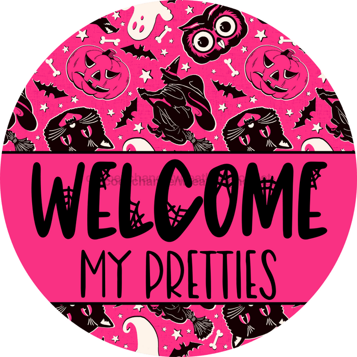 Wreath Sign Halloween Door Hanger Pink Welcome Decoe-2374 For Round 18 Wood