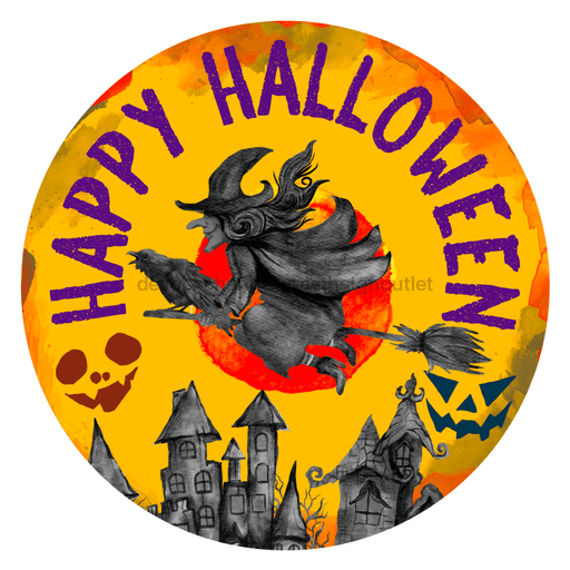 Wreath Sign, Halloween Happy Halloween Witch 12" Round Metal Sign DECOE-156, Sign For Wreath, DecoExchange - DecoExchange