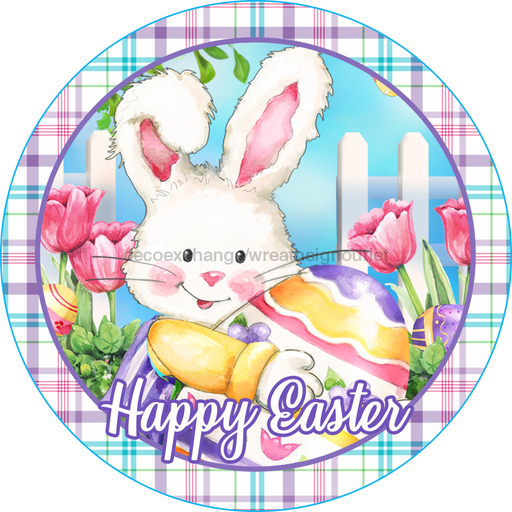 Wreath Sign, Happy Easter Sign, Round Easter Sign, Plaid Easter, DECOE-538, Sign For Wreath, DecoExchange - DecoExchange